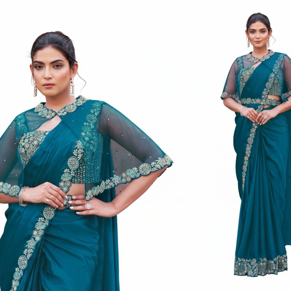 Elegant Teal Crepe Satin Silk Ready-to-Wear Saree with Embroidered Floral Motifs